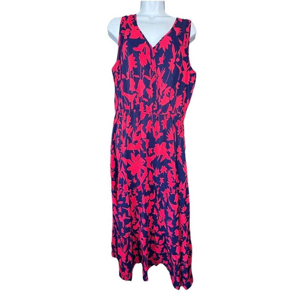 Floral Maxi Dress Size XL Navy Pink V-Neck Elastic Waist Summer Long Dress - Picture 7 of 7